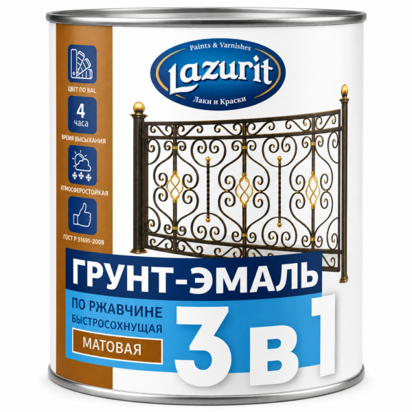 Грунт-эмаль по ржавчине "LAZURIT" 3в1 зеленая 0,9 кг